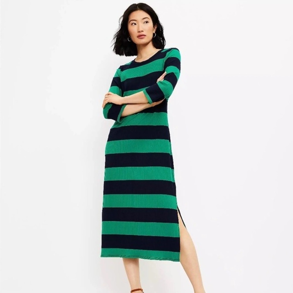 LOFT Green Navy Midi Dress ribbed fitted long sleeve striped M casual stretch